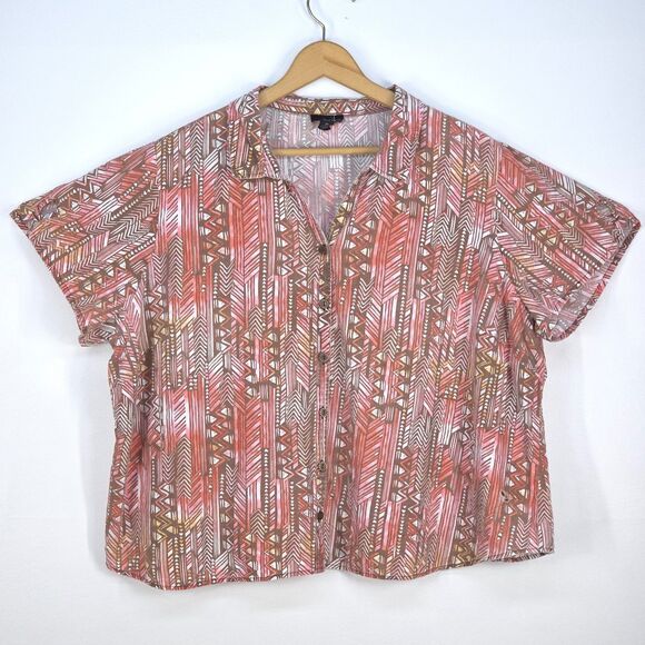 ERIKA Tribal Print Shirt Women's 3X Geometric Short Sleeve Blouse Plus Patchwork - Picture 1 of 16